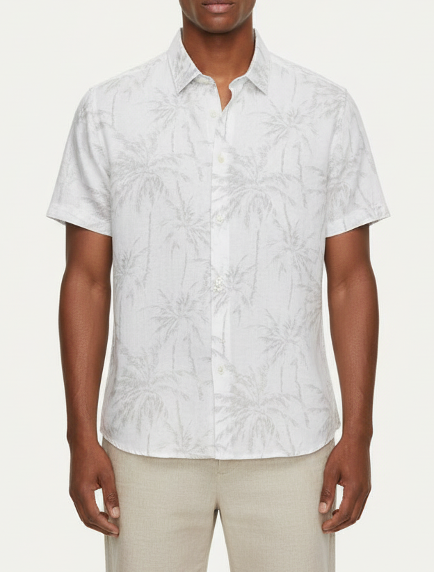 SAND State Soft SS Linen/Cotton Shirt - Beige Palm Print