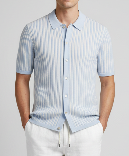 STENSTRÖMS Knitted SS Collared Shirt - Light Blue